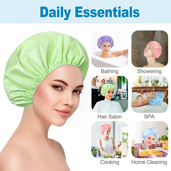12 PCS Shower Cap, Bath Cap for Women Reusable Waterproof | Double Side Water-resistant PEVA , Bath Accessories, Spa, Travel, Environmental Protection - (Purple+Pink+Blue+Green)
