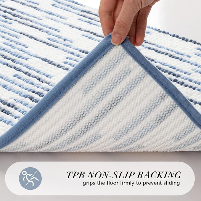 BSICPRO Bathroom Rugs Sets 2 Piece, Modern Bath Mat 20"x32"+16"x24", Blue | Loop Pile Chenille, Non Slip TPR Rubber Backing, Abstract Stripe, Soft Thick Absorbent Washable, Shower Rug for Bathroom