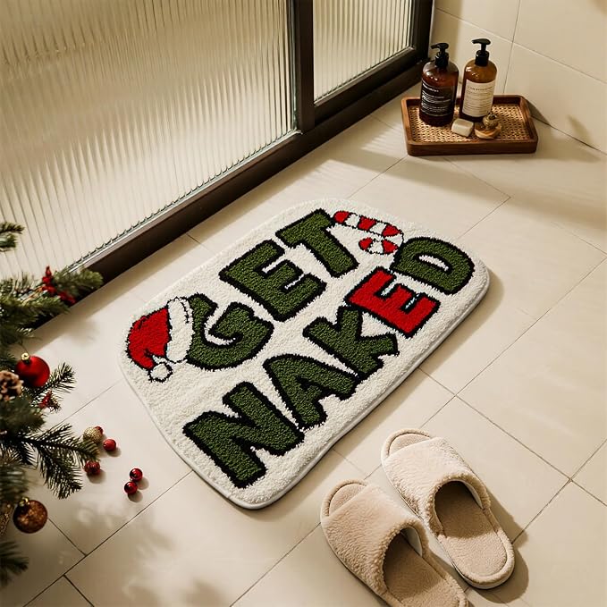 TYUU Get Naked Bath Mat, Christmas Bathroom Rugs Extra Soft Absorbent, Non Slip Washable Bathroom Mat Holiday Xmas Home Decor Indoor Bath Rug, Christmas-Themed Get Naked, 24"x36"