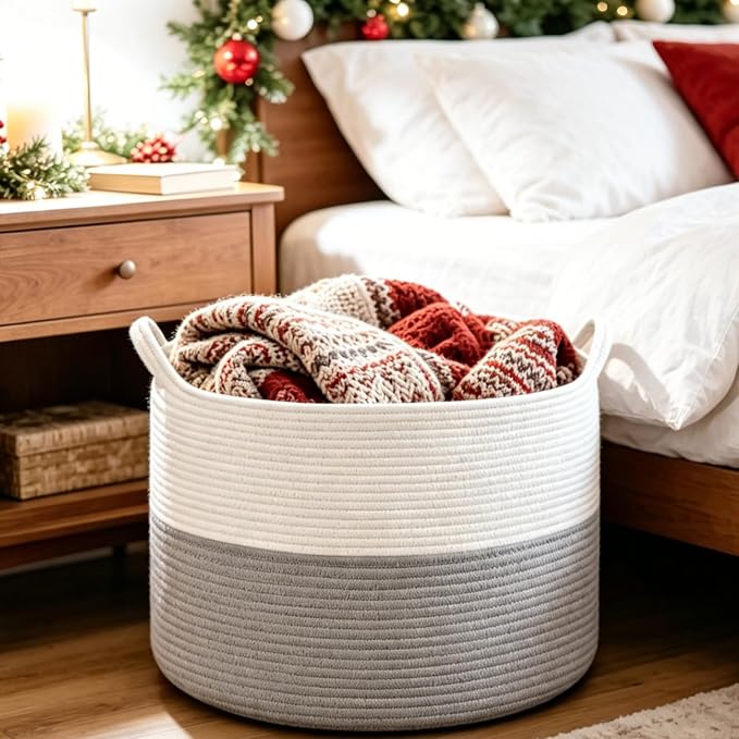 XXXLarge Blanket Basket Living Room - 22" x 22" x 14" Cotton Rope Baskets for Storage - Large Woven Basket for Toys, Towels, Pillows, Clothes- Rope Laundry Basket with Handles - Nursery Hamper Bin