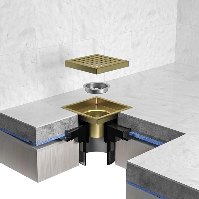 EXF Square Shower Drain 4-3/8 Inch Brushed Gold, Stainless Steel Shower Floor Drain Kit with ABS Flange, Removable Cover Grid Grate, Hair Strainer