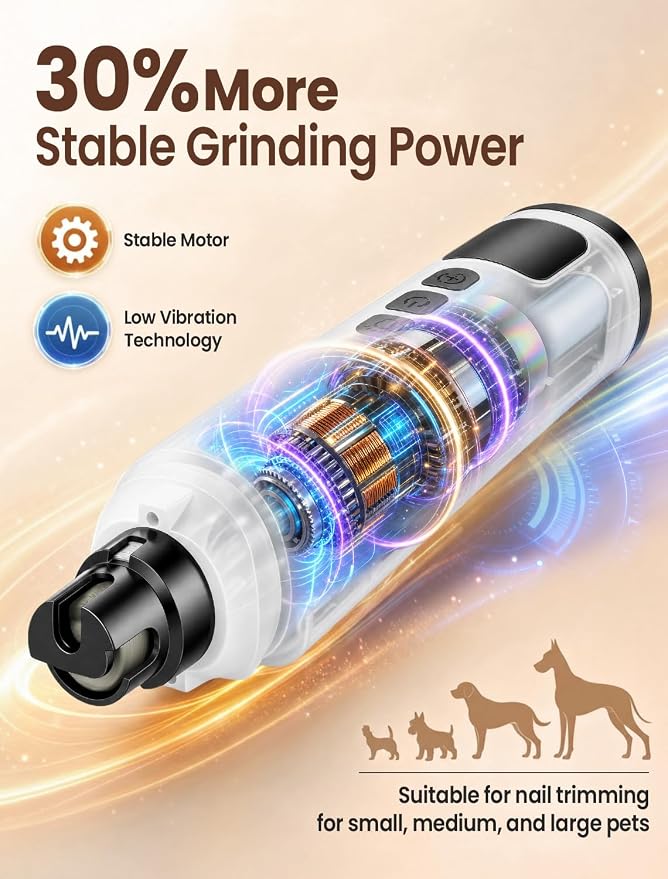 Dog Nail Grinder, Quiet 6-Speed Electric Pet Nail Trimmer with Upgraded Motor, 2 LED Lights, LCD Display, Type-C Charging, 1200mAh Battery, 3 Diamond Grinding Wheels for Dogs and Cats