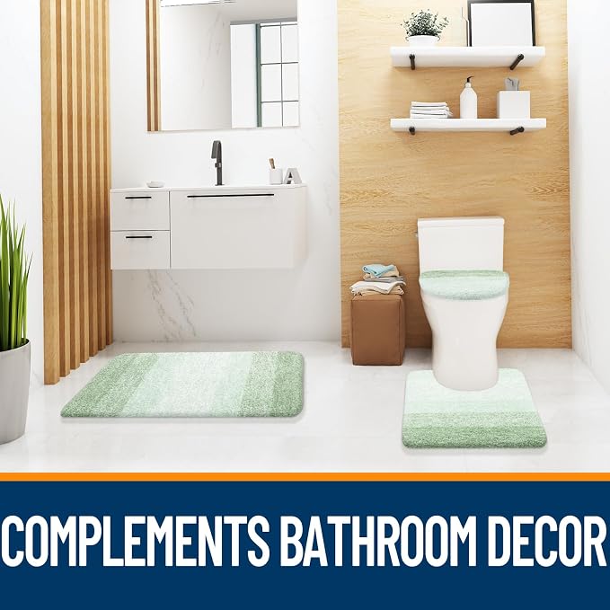 OLANLY Bathroom Rugs Sets 3 piece, Soft Microfiber Absorbent Bath Mat, U-Shaped Contour Toilet Mat and Toilet Lid Cover, Quick Dry, Machine Washable, Toilet Cover and Rug Set for Bathroom, Sage Green