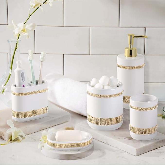 RQYIXI Ceramic 5-Piece Bathroom Accessories Set, Diamonds with White | white ceramic Cotton Swab Jar modern countertop organization