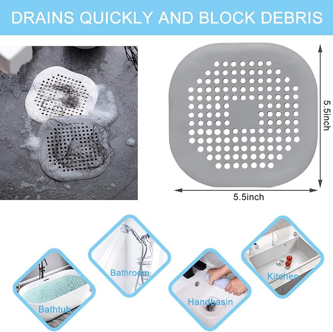 4 Pack Drain Hair Catcher Durable Silicone Hair Stopper Shower Drain Covers Easy to Install and Clean Suit for Bathroom Bathtub and Kitchen (Square Grey 4Pack)