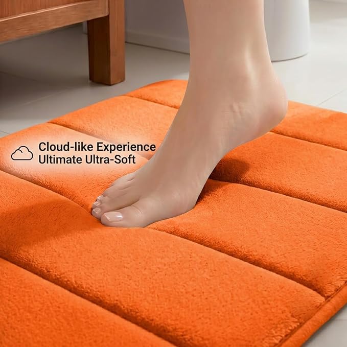Memory Foam Bathroom Rugs Sets 2 Piece - Super Soft Absorbent Quick Dry Memory Foam Bathroom Rugs, Machine Washable Non Slip Floor Carpet for Tub Shower & Single Sink 16x24 & 20x20,(Orange)