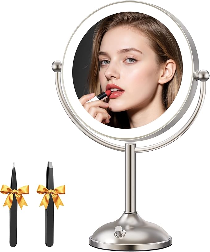 Auxmir 9" 5000mAh Maginfying Mirror, 9" 1X/30X Lighted Makeup Mirror | rechargeable battery, 3 dimmable colors, 360° rotation, stable base, brushed nickel, 30X magnification with 2 tweezers