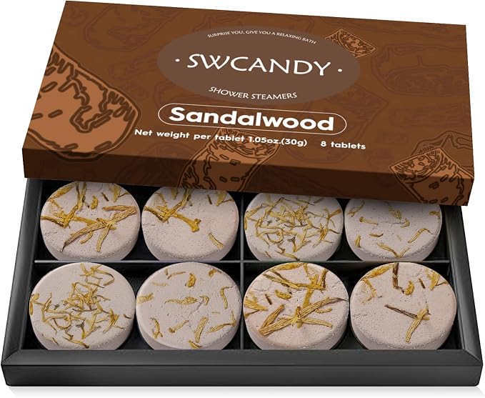 SWCANDY Sandalwood Shower Steamers 8 Pack, Home Spa Self Care | Warm woody aromatherapy with natural essential oils, unisex shower gift for women, men, wife & husband.