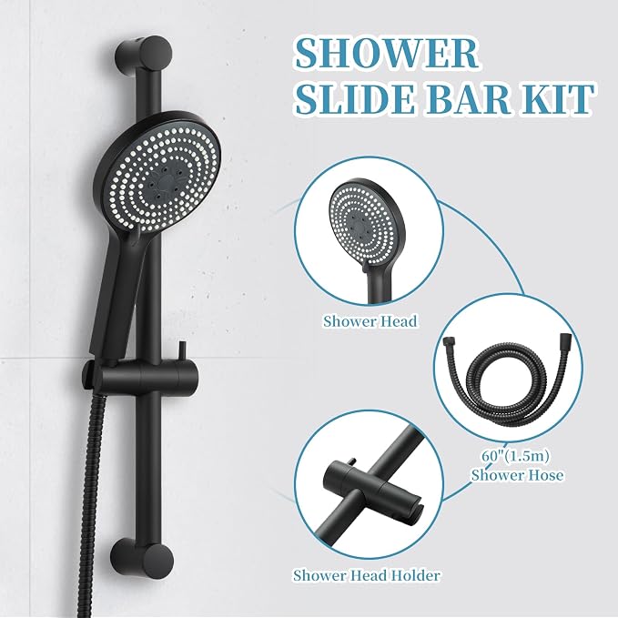OFFO Shower Slide Bar Combo, Adjustable 21 in Slide Bar with 6-Mode High Pressure Handheld Shower Head and 60 in Stainless Steel Hose, Screw Wall Mounted, Matte Black