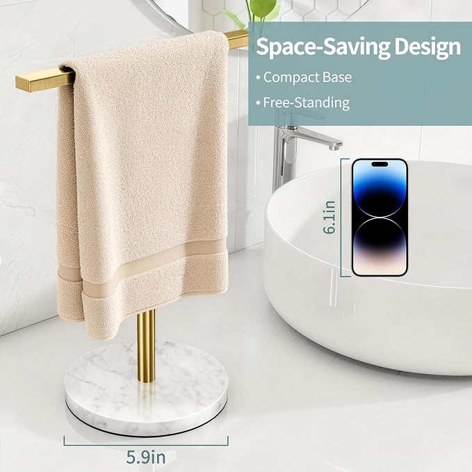 Gypie Gold Hand Towel Holder Stand T-Shape Countertop | Stainless Steel Towel Holder Marble Base, Towel Rack for Bathroom Kitchen Desktop