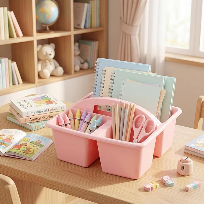 Kathfly 12 Pack Classroom Caddy Organizer with Handle, Plastic Art Craft Cleaning Caddy Bulk, Small Multipurpose Supply Organization Storage Basket for Table Desk Office Pencil Teacher (Macaron Color)