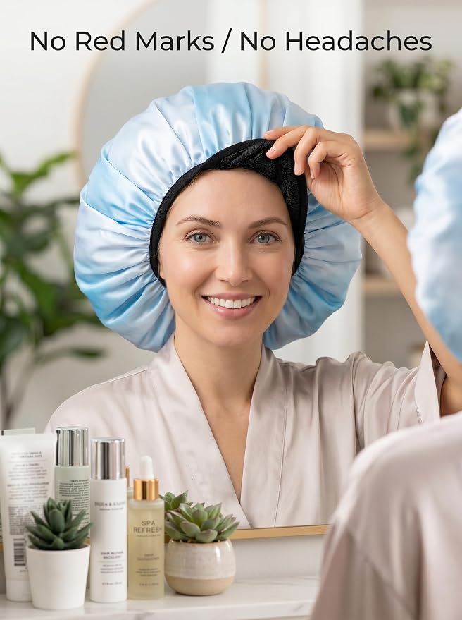 Aquior Shower Caps,Terry Lined Shower Cap for Women Reusable, Triple Layer Waterproof Bath Cap, Extra Large for Women Long Hair