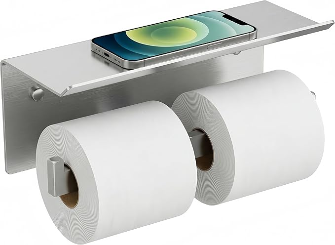 FORIOUS Double Toilet Paper Holder with Shelf, 304 Stainless Steel Wall Mount Commercial Toilet Paper Dispenser, Low Maintenance Bathroom Tissue Roll Holder for Hotel, Apartments, etc, Brushed Nickel