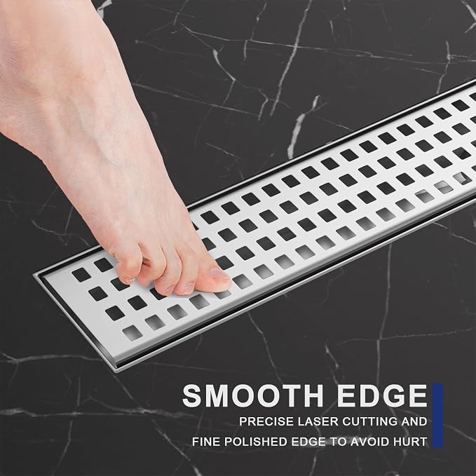 Linear Shower Drain | 60 Inch AISI 304 Stainless Steel Shower Drain, Brushed Nickel Linear Drain with Removable Quadrato Grate Cover & Adjustable Feet, Rectangle Floor Drain, in Bathroom Balcony etc