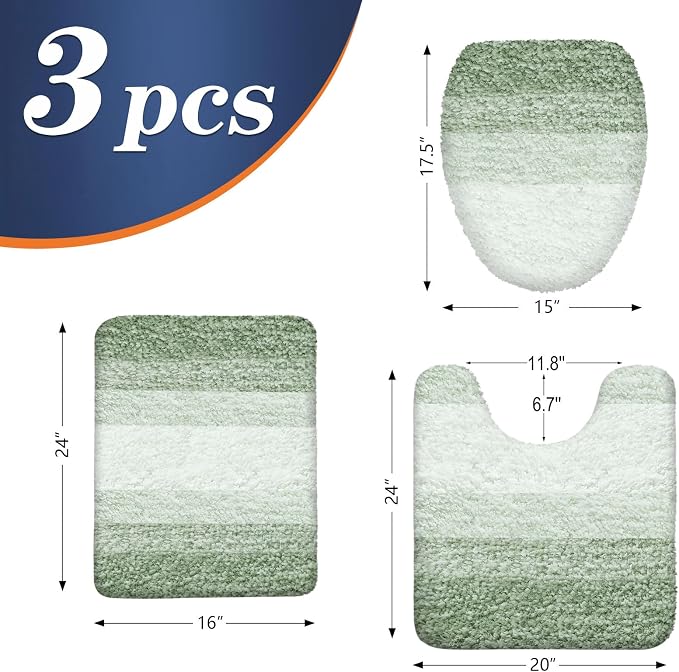 OLANLY Bathroom Rugs Sets 3 piece, Soft Microfiber Absorbent Bath Mat, U-Shaped Contour Toilet Mat and Toilet Lid Cover, Quick Dry, Machine Washable, Toilet Cover and Rug Set for Bathroom, Sage Green