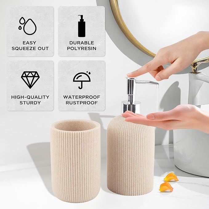 Beige Bathroom Accessories Set Include Soap Dispenser and Toothbrush Holder | Modern Stripe Design, Resin Bathroom Set 2 Piece for Bathroom Countertop Storage and Decoration