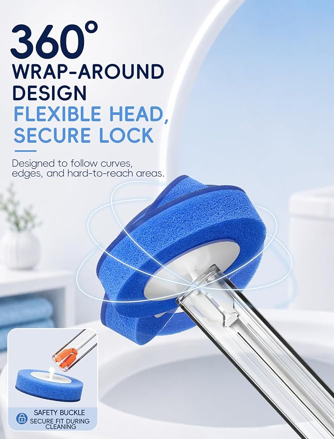 Disposable Toilet Brush System, Toilet Bowl Cleaning Wand with Lift-to-Open Refill Case, Blue Refill Heads and Freestanding Holder, 1 Wand and Holder Set with 63 Blue Refills
