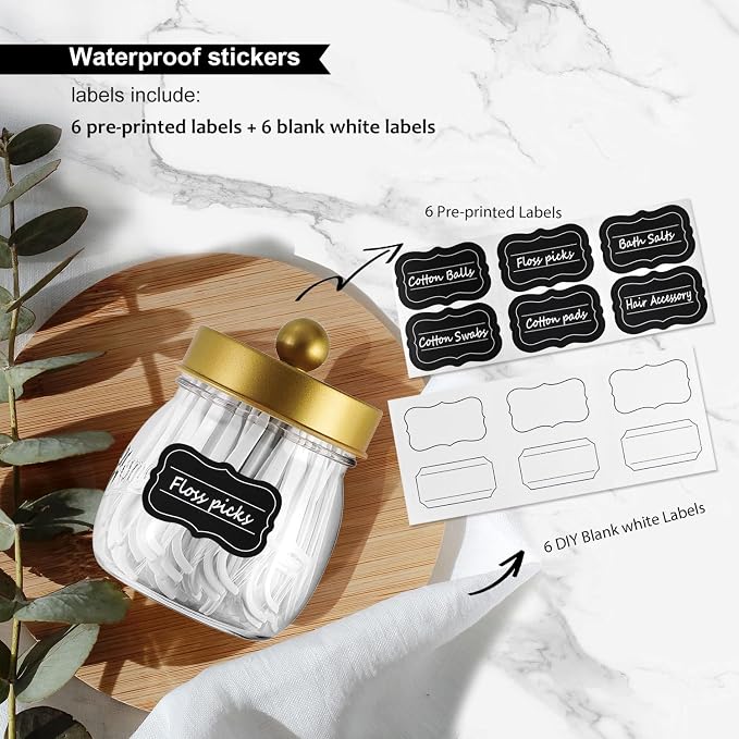 SheeChung 4 Pack Acrylic Mason Jar Qtip Holder Dispenser with Labels, Gold | Small Plastic Apothecary Jars,Vanity Canisters for Cotton Swabs,Balls,Floss Picks,Bathroom Storage Organizers,Farmhouse Decor