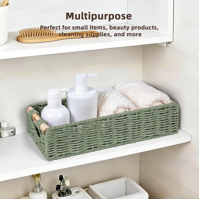 CubesLand Back of Toilet Storage Basket for Organizing w/Cut Out Handle, Handwoven Toilet Tank Top Paper Baskets, Wicker Decorative Basket for Countertop, Home Decor, Living Room, Nursery, Green