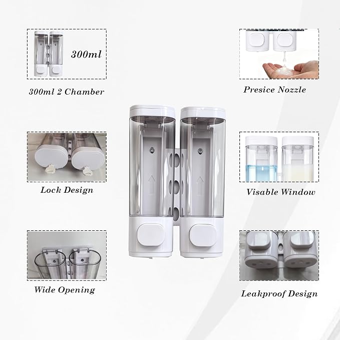 2-Chamber 10oz/300ML White Plastic Hand Wall Mounted Soap Dispensers | Refillable Shampoo Conditioner Shower Dispenser No Drill, Clear Manual Pump Dispenser for Bathroom Hotel Kitchen