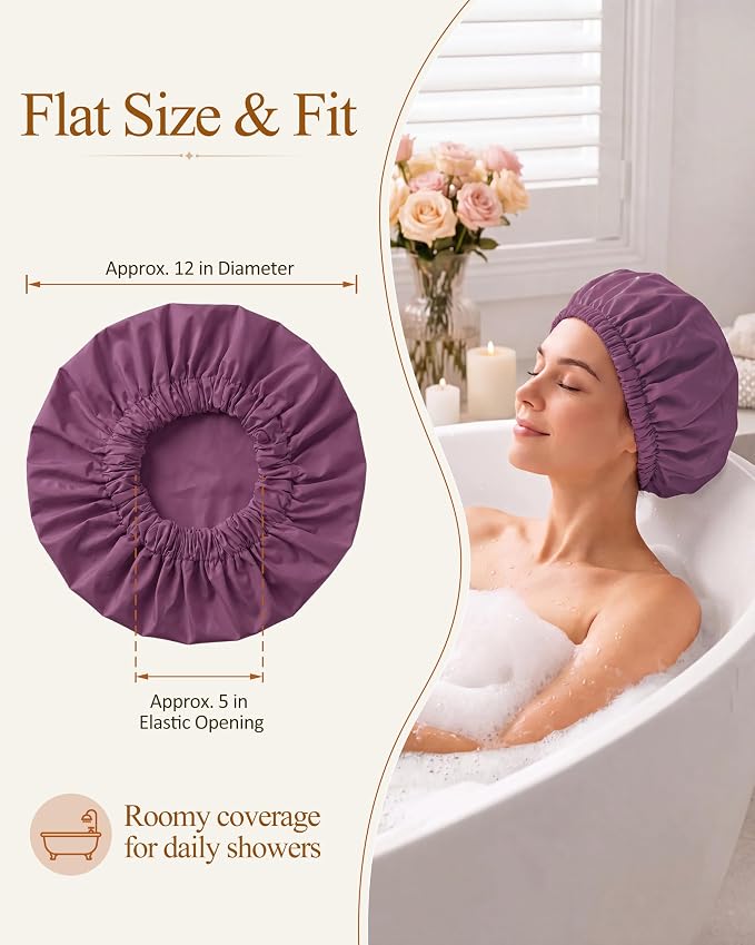 Edoneery Shower Caps for Women Reusable Waterproof, Shower Hair Cap | Washable Bonnet, Wide Elastic Band, Large Fit, Holds Long Hair, Braids Friendly, Bath Accessories, Spa, Travel