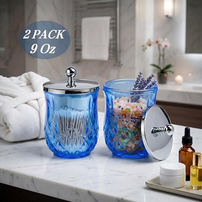 2 Pack Glass Qtip Holder Dispenser Set, Round Bathroom Apothecary Jars with Silver Lid for Cotton Swabs, Balls, Pads, Floss Picks, Vanity Storage Container for Makeup, Candy, Jewelry(10 Oz, Blue)