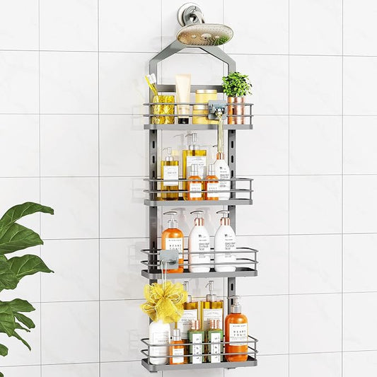 ODesign 4 Tier Height-Adjustable Shower Caddy Hanging Anti-Swing-Over The Shower Head Caddy-Showers Storage Organizer Bathroom Shelves Basket Showers Caddies-Grey
