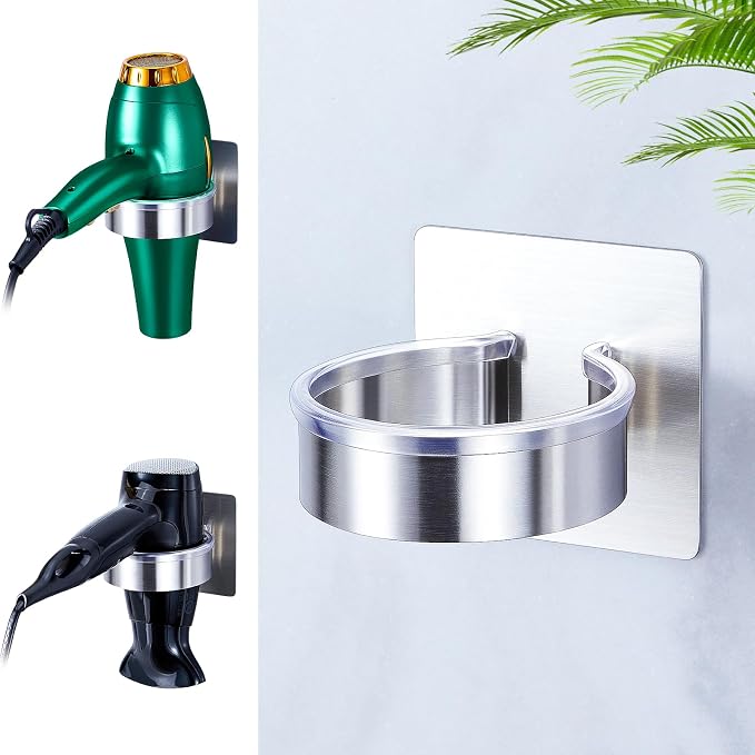 Blow Dryer Holder Wall Mounted, hairdryer holder for bathroom, Blow Dryer Organizer, hair tool organizer wall mount, Adhesive Hair Dryer Storage for Bathroom Barber Shop (Silver)