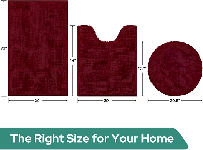 HOMEIDEAS 3 Pieces Burgundy Bathroom Rugs Set, Ultra Soft Non Slip Bath Rug and Absorbent Chenille Bath Mat, Includes U-Shaped Contour Rug, Bath Mat and Toilet Lid Cover, Perfect for Bathroom, Tub