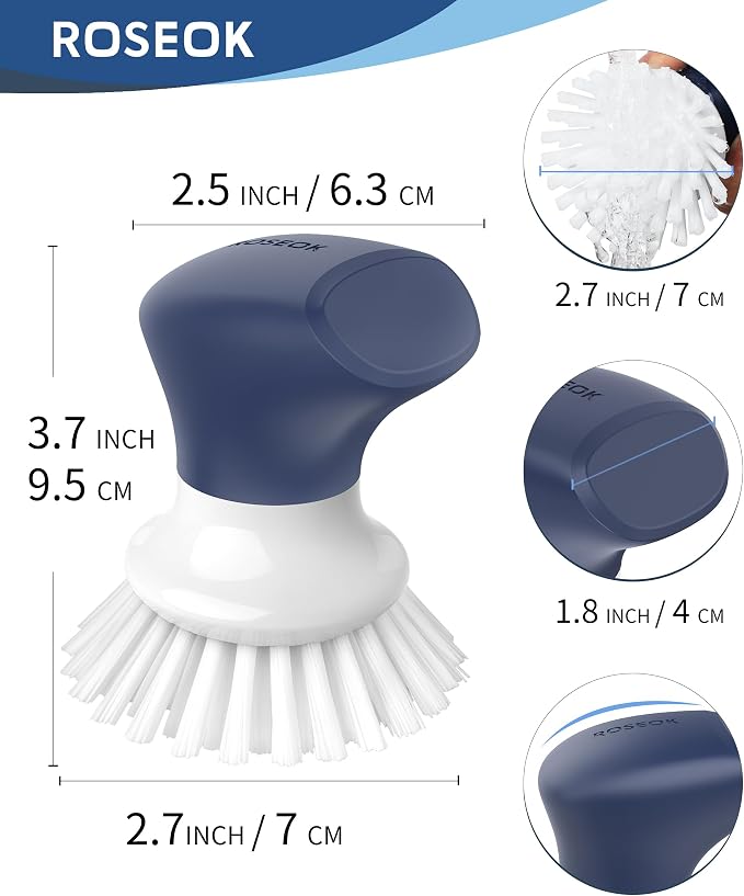 ROSEOK Dish Scrub Brush, Palm Brush, Kitchen Brush, Nylon Bristles | Self-Standing Dish Scrubber with Ergonomic Grip for Cleaning Dishes, Non-Stick Pans and Sinks, Navy Blue, 2 Pack