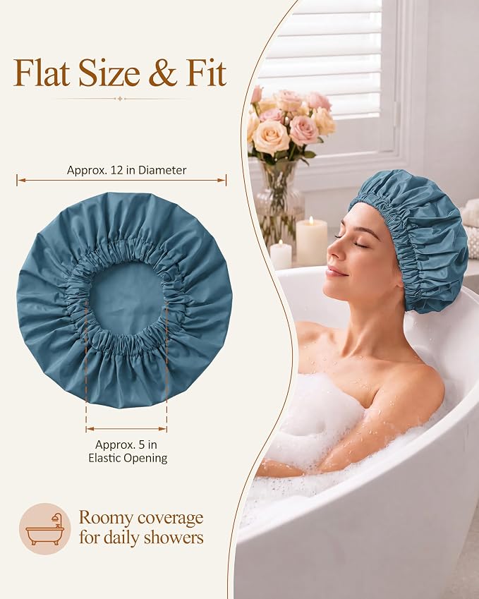 Edoneery Shower Caps for Women Reusable Waterproof, Shower Hair Cap | Washable Bonnet, Wide Elastic Band, Large Fit, Holds Long Hair, Braids Friendly, Bath Accessories, Spa, Travel
