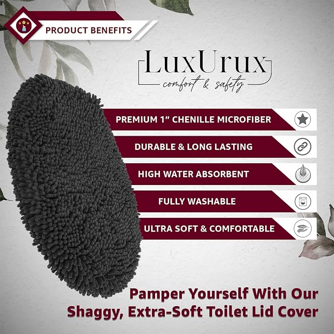 LuxUrux Toilet Lid Cover with Stretch Fit Elastic Band – Chenille Microfiber Toilet Seat Non-Slip Cover for Bathroom – Soft Plush, Machine Wash And Dry, Comfort & Clean Look (18 x 18'', Black)