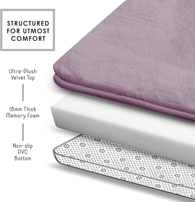 Clara Clark 3 Piece Bathroom Rugs, Velvet Memory Foam Bath Mat Set, Non-Slip Bath Rugs, Machine Wash, Dries Quickly, Ultra Soft Plush Bath Mats for Bathroom, 17 x 24/20 x 32 / Contour, Dusty Purple