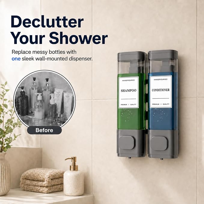 Shampoo and Conditioner Dispenser – Wall-Mounted Shower Soap Dispenser, No-Drill Installation, Lockable, 900 ml Capacity,for Bathroom & Hotel or Airbnb (Gun Gray, 2-Pack)