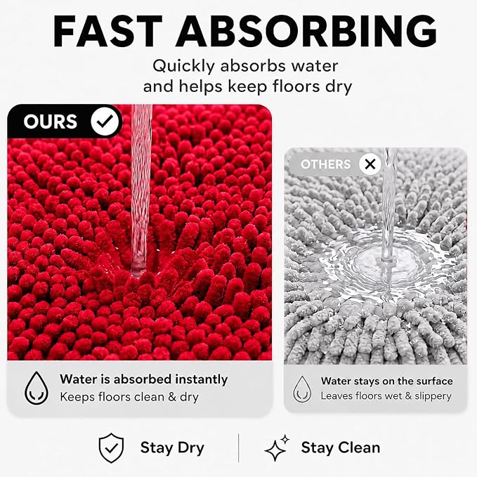 Bathroom Rugs Sets 2 Piece,Super Absorbent Soft,Thick,Machine Washable Chenille Bath Mat,Non Slip Toilet Floor Rug,Bath Mats for Bathroom,20x32 Plus 20x20 U Shape,Red