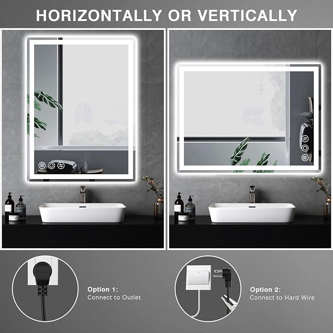 Memobarco 28" x 36" LED Bathroom Mirror with Lights, Memory Vanity Mirror | Anti-Fog, 3 Color Modes, Dimmable, Front Lit, Memory Function, Tempered Glass, Lighted Bathroom Mirror for Wall