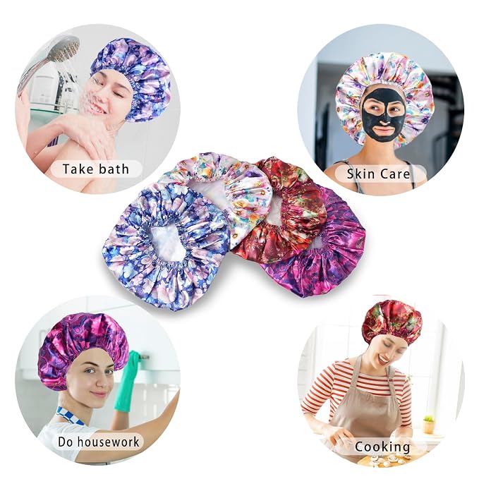 Shower Caps for Women, 4 PCS Reusable Waterproof Bath Cap | Double Layer, Washable, Wide Elastic Band, Holds Long Hair, Caps for Bath Accessories, Spa, Travel Home - Printing Flower D