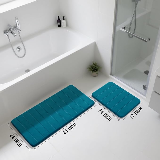 Yimobra Large Bath Mat Set 2 Piece- Super Soft Absorbent Quick Dry Memory Foam Bathroom Rugs, Machine Washable Non Slip Floor Carpet for Tub Shower & Double Vanity (17x24 & 44x24, Peacock Blue)