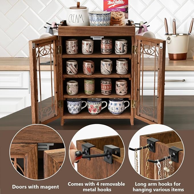 Ikee Design 4-Tier Small Wooden Countertop Storage Cabinet with Adjustable Shelves and Doors, Removable Hooks, Perfect for Perfume, Pantry, Essential Oil, Collection, 14.8W x 6.1D x 14.4H in, Brown