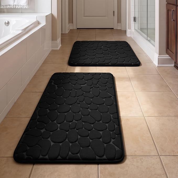 YIHOUSE Bathroom Rugs Mat Set, Memory Foam Bath Mat 2 Piece Black | 17x24&20x32, Non Slip, Water Absorbent, Washable, Bath Mat For Bathroom, Sink and Toilet