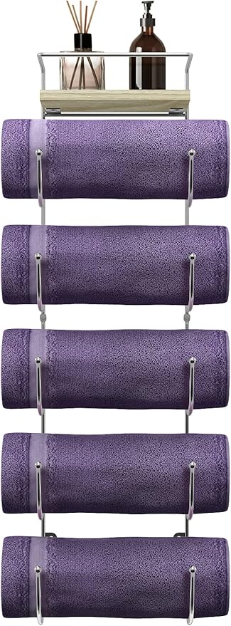 Sorbus Bathroom Towel Holder - 5 Tier Metal Towel Rack with Wood Shelf for Rolled Bath Towels, Washcloths, Linens, Hand Towels, Soaps & Accessories - Wall Mounted Towel Rack for Bathroom Towel Storage