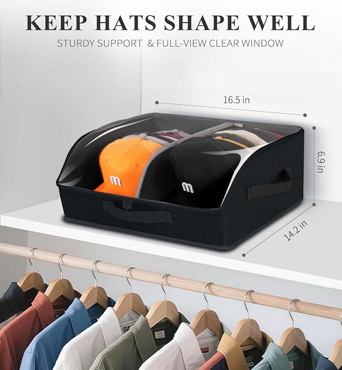 Hat Organizer for Baseball Caps, 2 Compartments Clear Window Hat Box for Closet Hold Up to 24 Caps, Hat Storage Holder Container with Sturdy Cardboard for Home Storage | Black