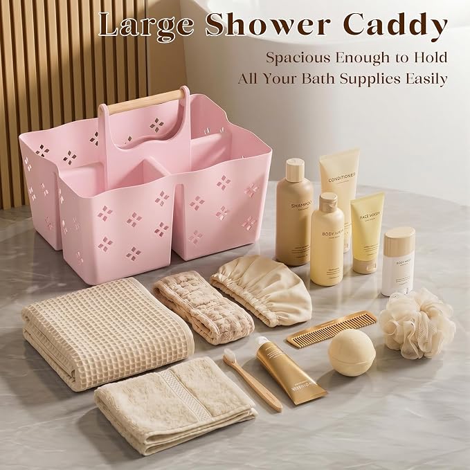GVY Plastic Shower Caddy Portable, Large Capacity Shower Basket with Handle, Divided Bathroom Toiletry Organizer, Quick-Drain Shower Caddy for College Dorm Beach Kitchen Essentials, Pink