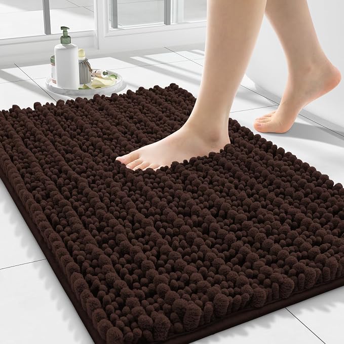 Smiry Bathroom Rugs 24X16, Extra Soft Rubber Backing Chenille Bath Mats | Brown Machine Washable Non Slip Quick Dry Bath Mats for Bathroom Floor, Tub, Shower, Home Decor Accessories