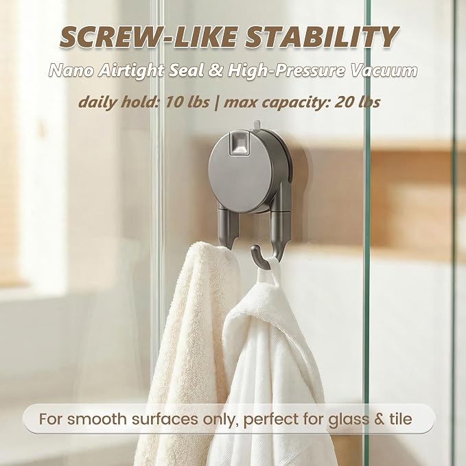 Strong Suction Cup Hooks for Shower, Bathroom, Kitchen, Heavy Duty Hangers for Door Wreaths, Robe, loofah, Towel, Utensils, Removable Wall Hooks for Tile, Glass, Mirror (2 Pack-Gunmetal)