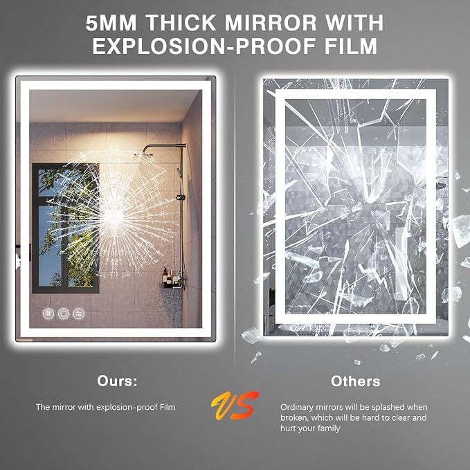 Memobarco 24" x 36" LED Bathroom Mirror with Lights, Memory Vanity Mirror | Anti-Fog, 3 Color Modes, Dimmable, Front Lit, Memory Function, Tempered Glass, Lighted Bathroom Mirror for Wall