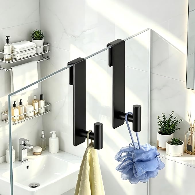 Shower Door Hooks, Heavy Duty Rack Hooks for Robe, Stainless Steel Towel Hooks for Bathroom, Fits Frameless Glass Shower Doors up to 3/8" (10mm) Thick (Black, 2 Pack)