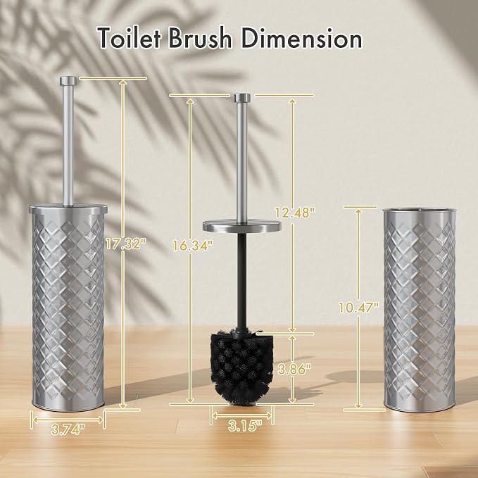 Toilet Bowl Brush and Holder Set 2 Pack with 4 Extra Brush Heads (Silver) | Extra Long Handle with Splash Guard Cover, Tool-Free Installation, Bathroom Space-Saving, Cleaner Sets for Apartments, RV