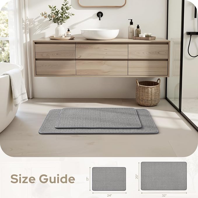 HOMEIDEAS Bathroom Rugs Set 2 Piece Thin Non Slip, Grey 17"x24"+20"x32" | Quick Dry Absorbence Bath Mats, Soft Chenille, Low Profile Fits Under Doors, Ideal for Bathtub, Shower, Elderly and Pets