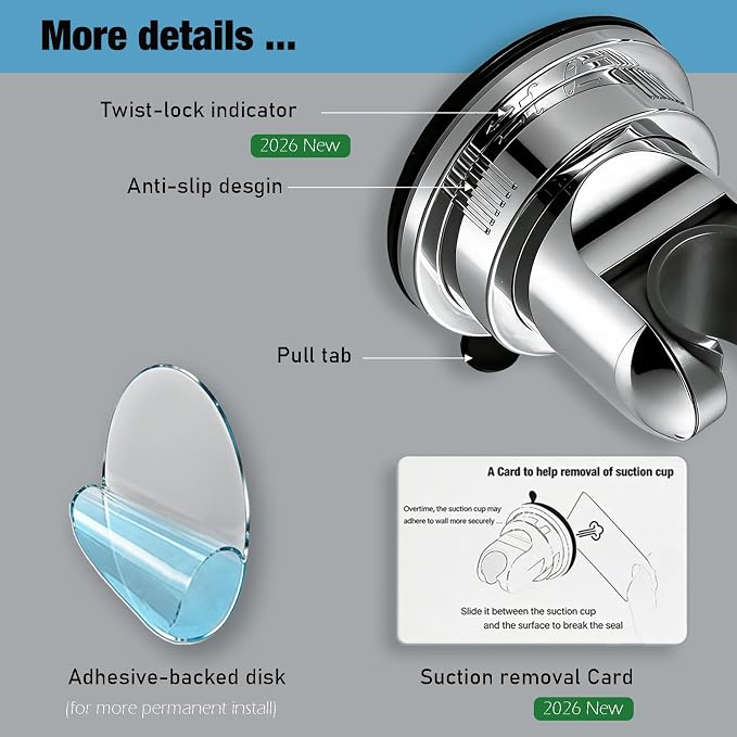 Handheld Shower Head Holder Suction Cup - Relocatable - Wide Angles Adjustable - 90° Downward - Bathroom Wall Mount Shower Wand Holder (Polished Chrome)